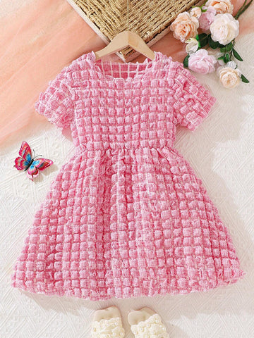 Young Girls' Summer Bubble 3D Plaid Dress, Fashionable Skirt