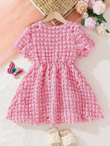 Young Girls' Summer Bubble 3D Plaid Dress, Fashionable Skirt