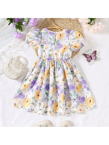 Young Girls" Summer Bubble Sleeves Lace Patchwork Floral Print Dress