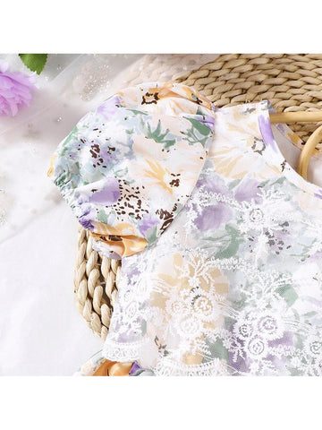 Young Girls" Summer Bubble Sleeves Lace Patchwork Floral Print Dress