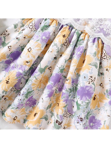 Young Girls" Summer Bubble Sleeves Lace Patchwork Floral Print Dress