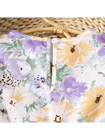 Young Girls" Summer Bubble Sleeves Lace Patchwork Floral Print Dress