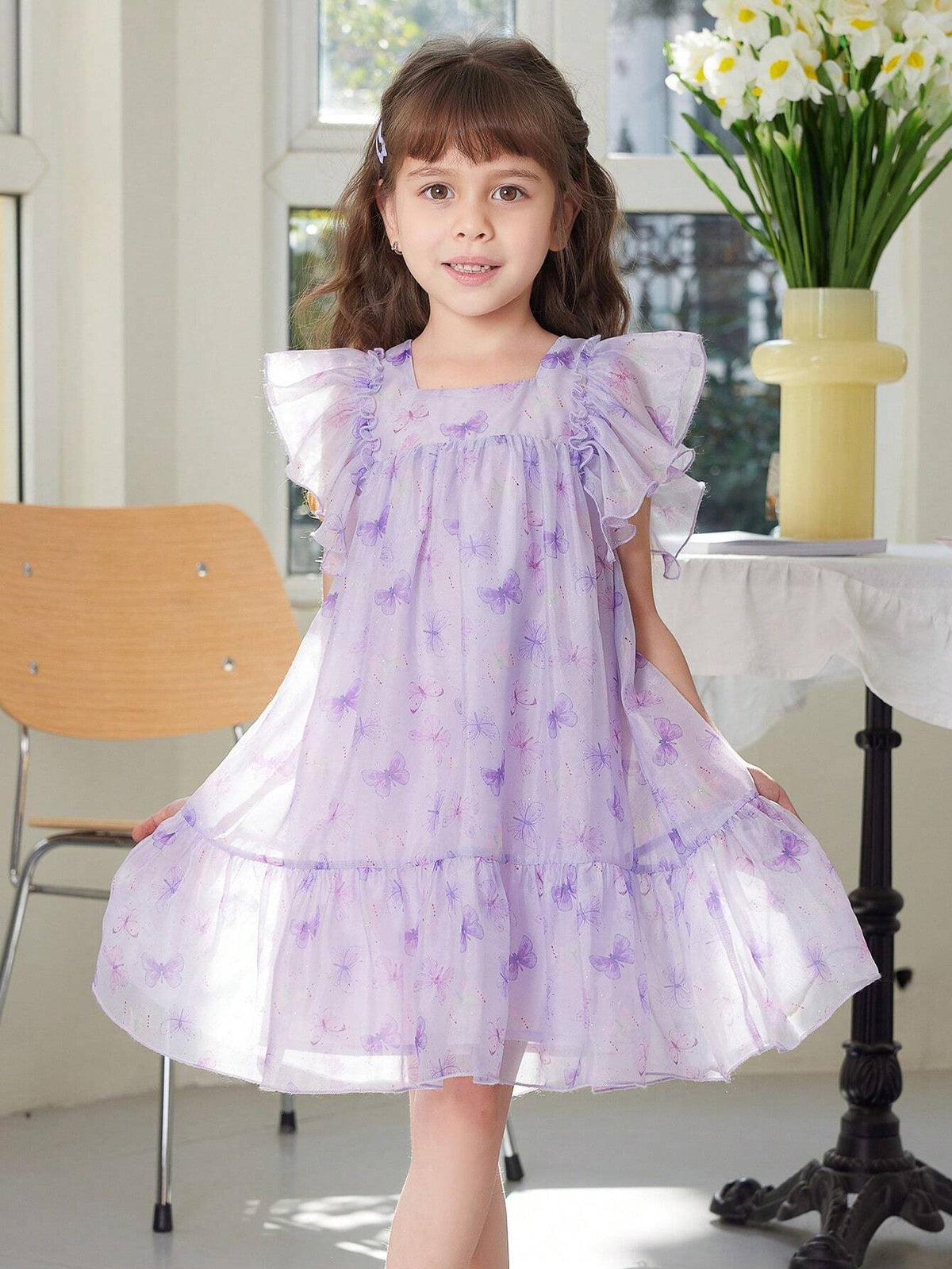 Young Girl's Summer Butterfly Print Chiffon Dress With Printed Big Flying Sleeves, Square Neckline, Silver Stamped