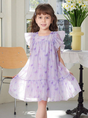 Young Girl's Summer Butterfly Print Chiffon Dress With Printed Big Flying Sleeves, Square Neckline, Silver Stamped