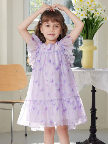 Young Girl's Summer Butterfly Print Chiffon Dress With Printed Big Flying Sleeves, Square Neckline, Silver Stamped