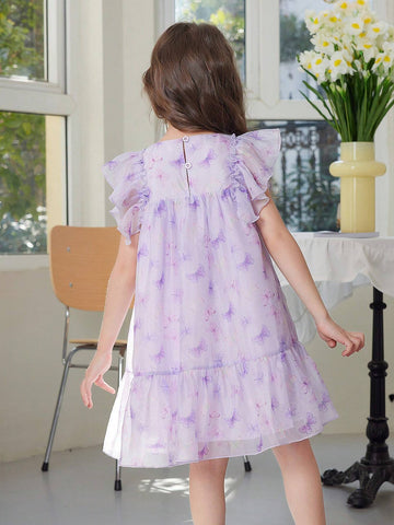 Young Girl's Summer Butterfly Print Chiffon Dress With Printed Big Flying Sleeves, Square Neckline, Silver Stamped