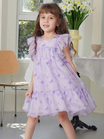 Young Girl's Summer Butterfly Print Chiffon Dress With Printed Big Flying Sleeves, Square Neckline, Silver Stamped