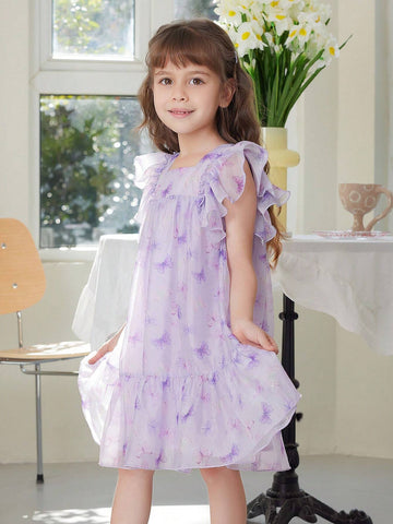 Young Girl's Summer Butterfly Print Chiffon Dress With Printed Big Flying Sleeves, Square Neckline, Silver Stamped