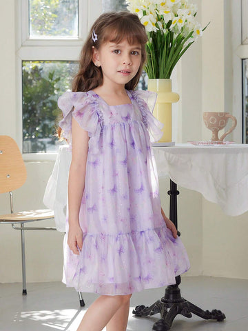 Young Girl's Summer Butterfly Print Chiffon Dress With Printed Big Flying Sleeves, Square Neckline, Silver Stamped