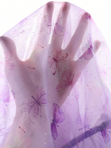 Young Girl's Summer Butterfly Print Chiffon Dress With Printed Big Flying Sleeves, Square Neckline, Silver Stamped