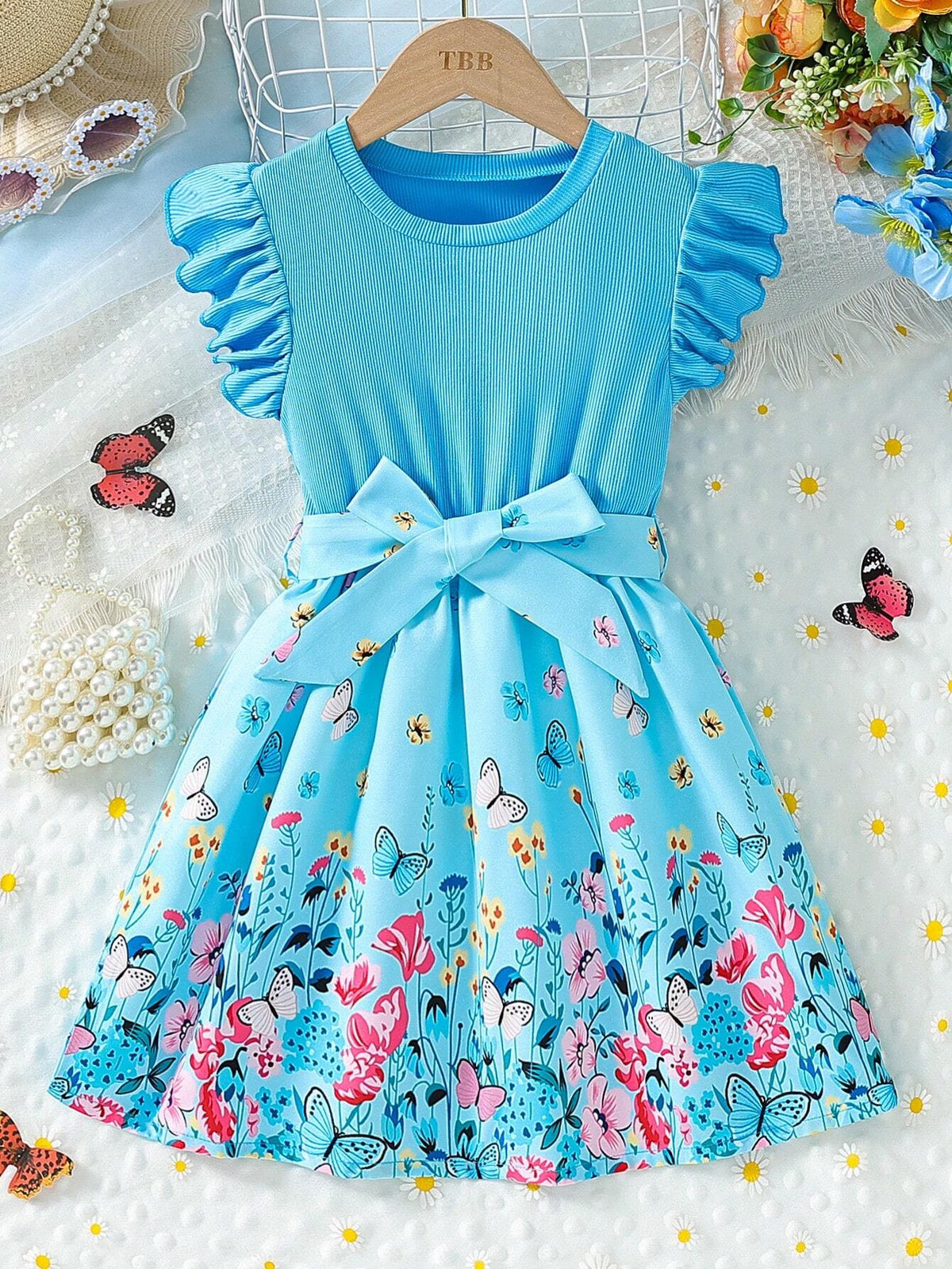 Young Girl's Summer Butterfly & Flower Printed Flare Sleeve Dress With Ruffled Hem