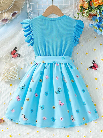Young Girl's Summer Butterfly & Flower Printed Flare Sleeve Dress With Ruffled Hem