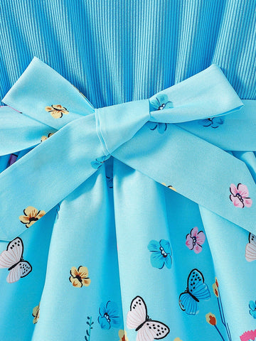 Young Girl's Summer Butterfly & Flower Printed Flare Sleeve Dress With Ruffled Hem