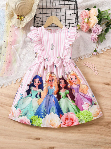 Young Girl's Summer Cartoon Character Butterfly Print Dress With Bow Decorated Flutter Sleeves, Cute