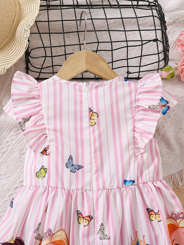 Young Girl's Summer Cartoon Character Butterfly Print Dress With Bow Decorated Flutter Sleeves, Cute