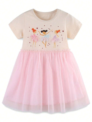 Young Girls' Summer Cartoon Girl Pattern Contrast Mesh Casual Short Sleeve Dress