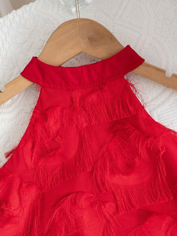 Young Girl's Summer Casual And Comfortable Fringed Halterneck Dress With An Elegant Taste