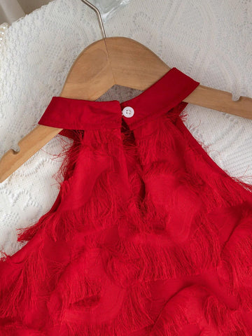 Young Girl's Summer Casual And Comfortable Fringed Halterneck Dress With An Elegant Taste