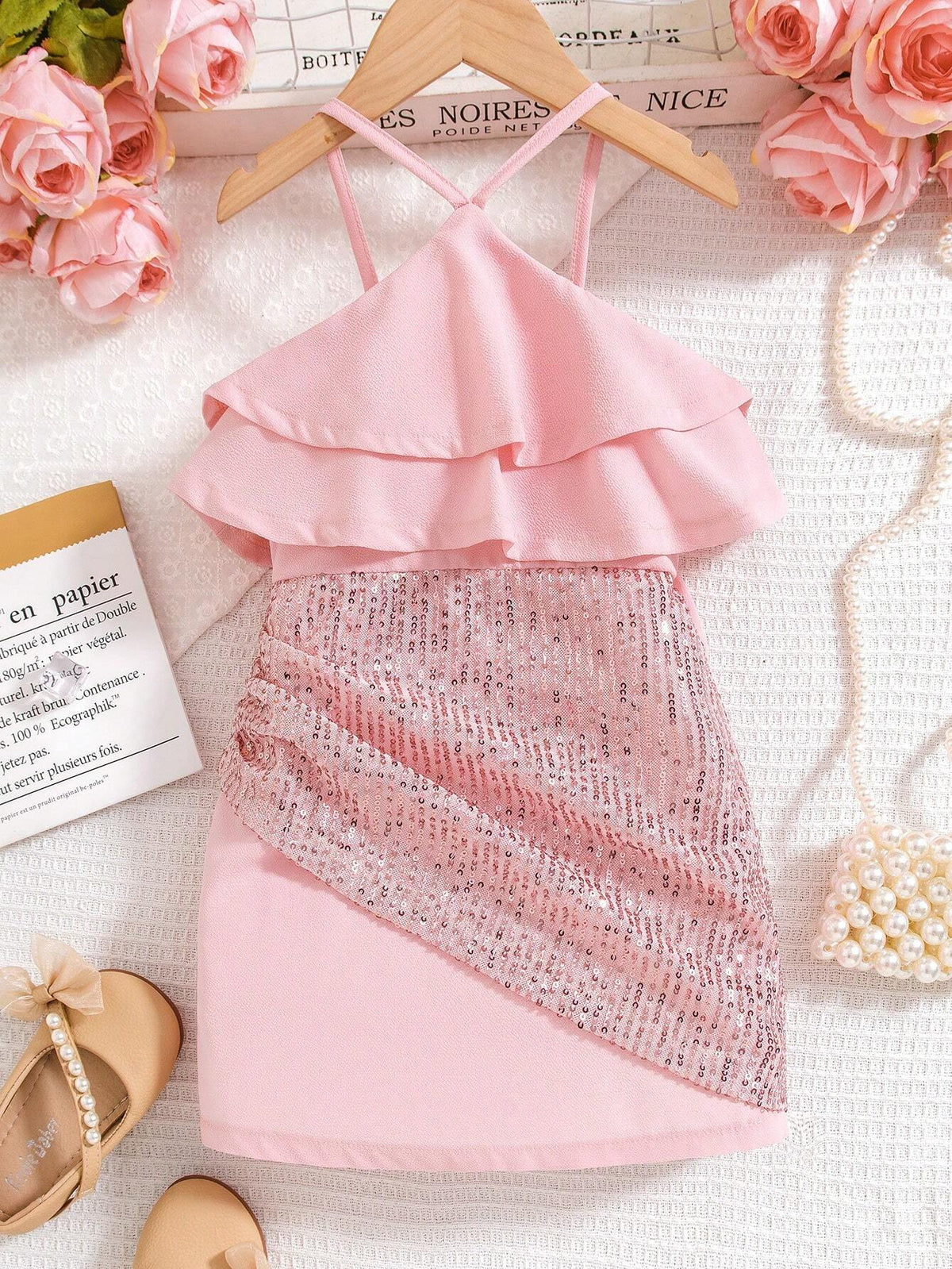 Young Girl's Summer Casual Comfortable Glitter Panel Ruffle Trim Decorated Spaghetti Strap Dress
