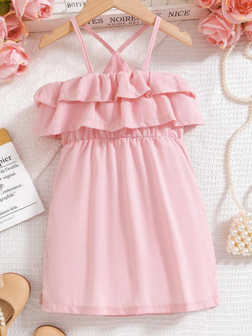 Young Girl's Summer Casual Comfortable Glitter Panel Ruffle Trim Decorated Spaghetti Strap Dress