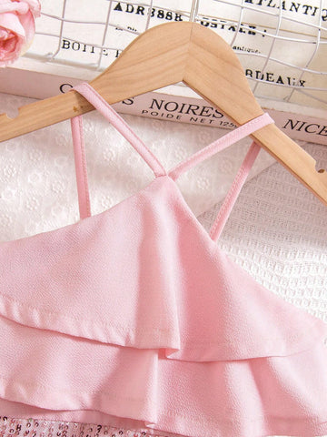Young Girl's Summer Casual Comfortable Glitter Panel Ruffle Trim Decorated Spaghetti Strap Dress