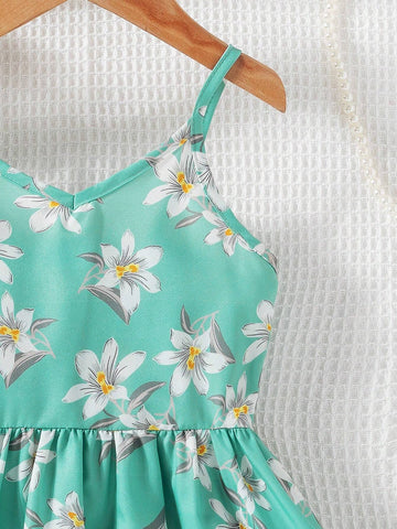 Young Girl's Summer Casual Floral Printed Spaghetti Strap Dress