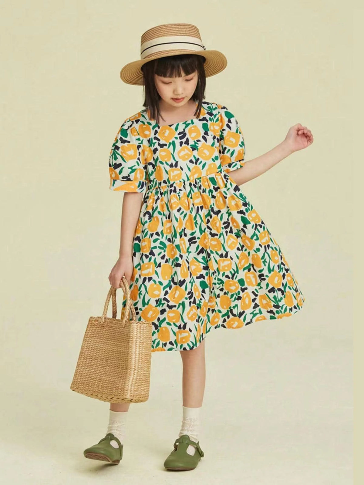 Young Girl's Summer Casual French Floral Printed Puff Sleeve Dress