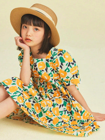 Young Girl's Summer Casual French Floral Printed Puff Sleeve Dress