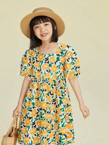 Young Girl's Summer Casual French Floral Printed Puff Sleeve Dress
