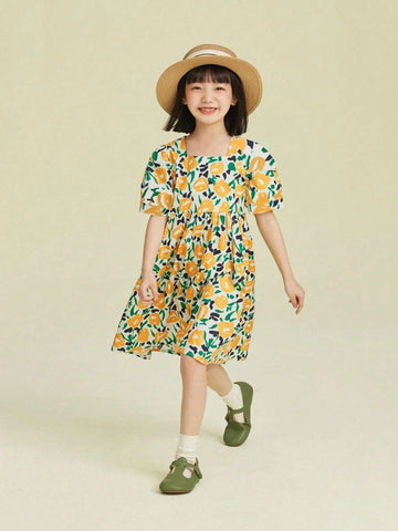 Young Girl's Summer Casual French Floral Printed Puff Sleeve Dress