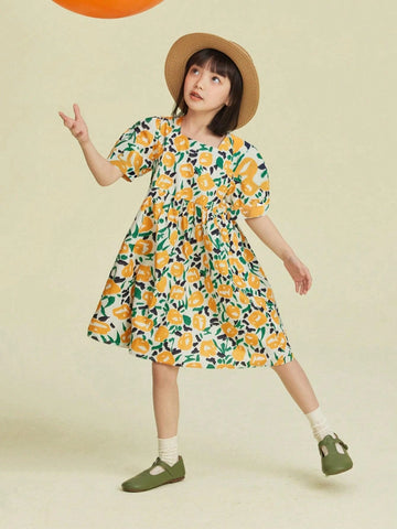Young Girl's Summer Casual French Floral Printed Puff Sleeve Dress
