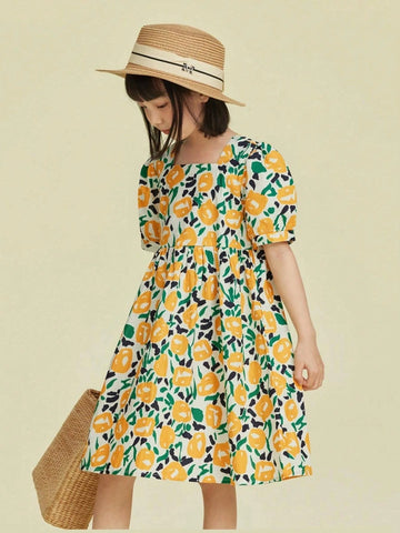 Young Girl's Summer Casual French Floral Printed Puff Sleeve Dress