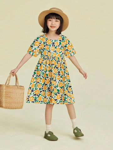 Young Girl's Summer Casual French Floral Printed Puff Sleeve Dress