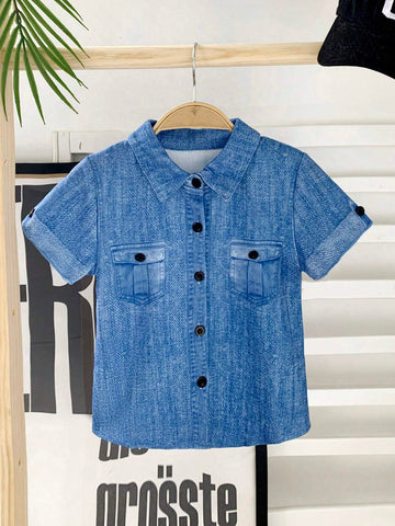Young Girls' Summer Casual Loose-Fit Shirt With Denim Effect-Like Pattern