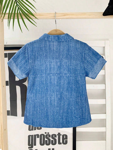 Young Girls' Summer Casual Loose-Fit Shirt With Denim Effect-Like Pattern