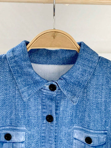 Young Girls' Summer Casual Loose-Fit Shirt With Denim Effect-Like Pattern