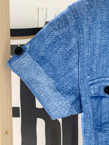 Young Girls' Summer Casual Loose-Fit Shirt With Denim Effect-Like Pattern