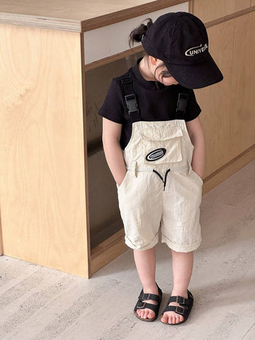 Young Girls Summer Casual Overall Shorts With Letter Print And Waist Drawstring