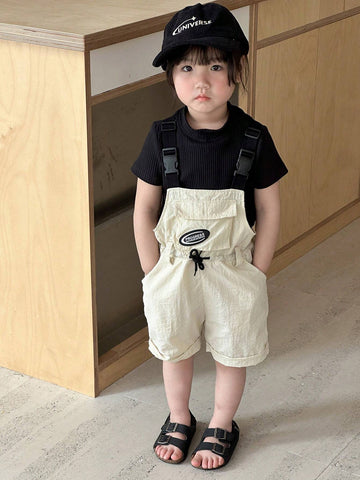 Young Girls Summer Casual Overall Shorts With Letter Print And Waist Drawstring