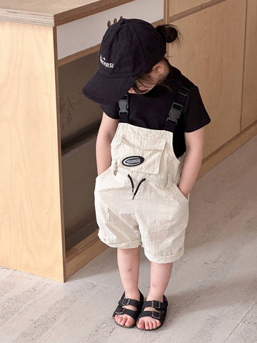 Young Girls Summer Casual Overall Shorts With Letter Print And Waist Drawstring