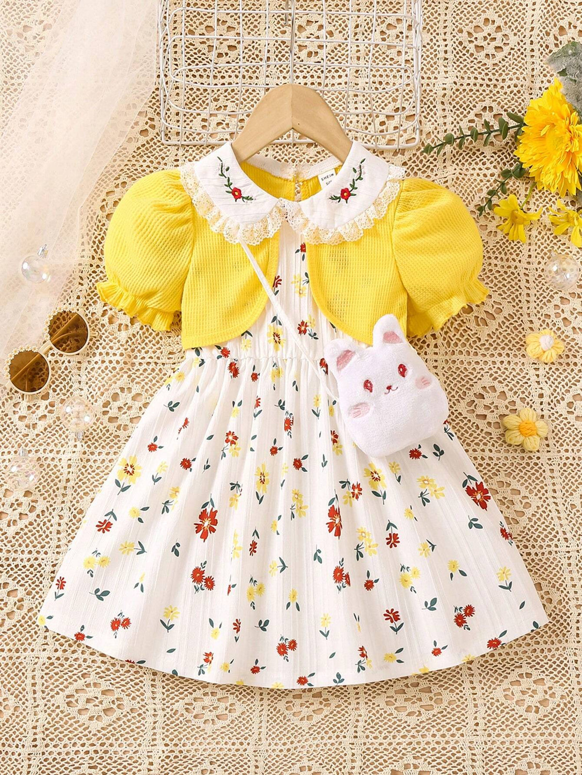 Young Girls' Summer Casual Patchwork Floral Printed Doll Collar Dress For Outdoor Activities