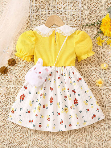 Young Girls' Summer Casual Patchwork Floral Printed Doll Collar Dress For Outdoor Activities