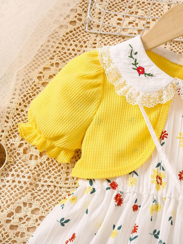 Young Girls' Summer Casual Patchwork Floral Printed Doll Collar Dress For Outdoor Activities