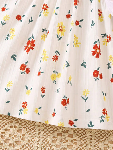 Young Girls' Summer Casual Patchwork Floral Printed Doll Collar Dress For Outdoor Activities