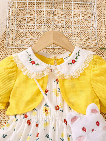 Young Girls' Summer Casual Patchwork Floral Printed Doll Collar Dress For Outdoor Activities