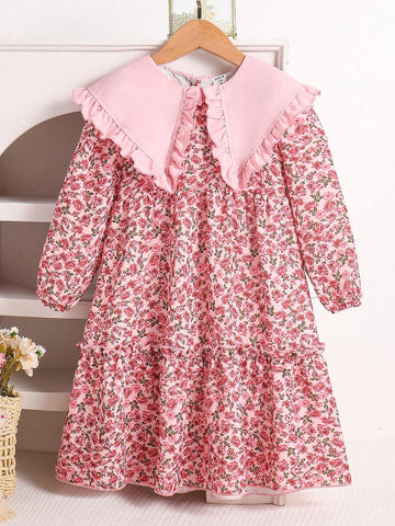 Young Girls' Summer Casual Patchwork Peter Pan Collar Dress With Small Flower Prints