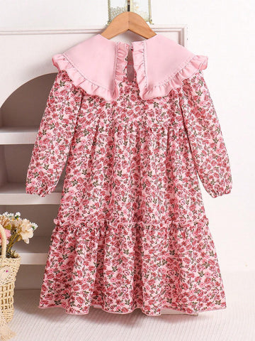 Young Girls' Summer Casual Patchwork Peter Pan Collar Dress With Small Flower Prints