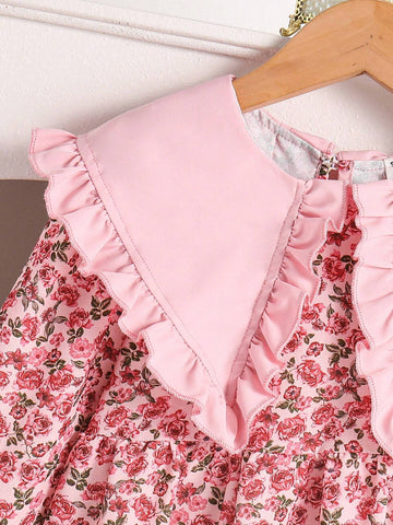 Young Girls' Summer Casual Patchwork Peter Pan Collar Dress With Small Flower Prints