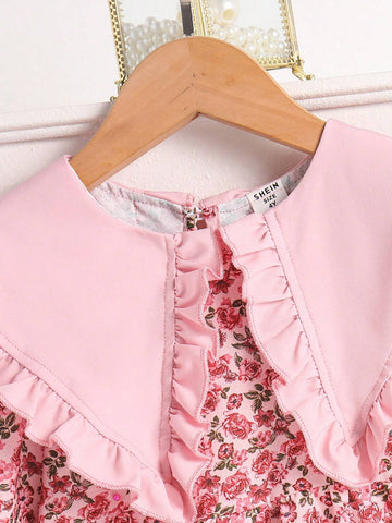 Young Girls' Summer Casual Patchwork Peter Pan Collar Dress With Small Flower Prints