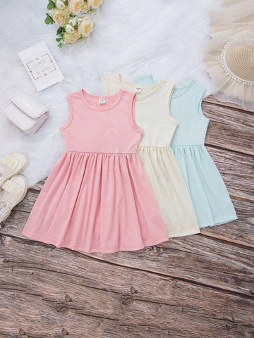 Young Girls' Summer Casual Pink Sleeveless Round Neck Dress